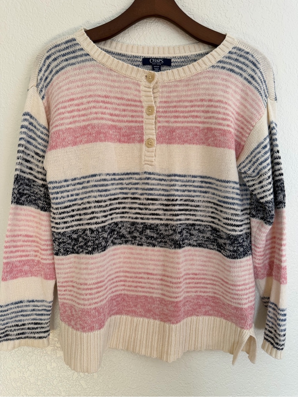 Chaps Lightweight Linen Cotton Blend Striped Henley Sweater Size Small